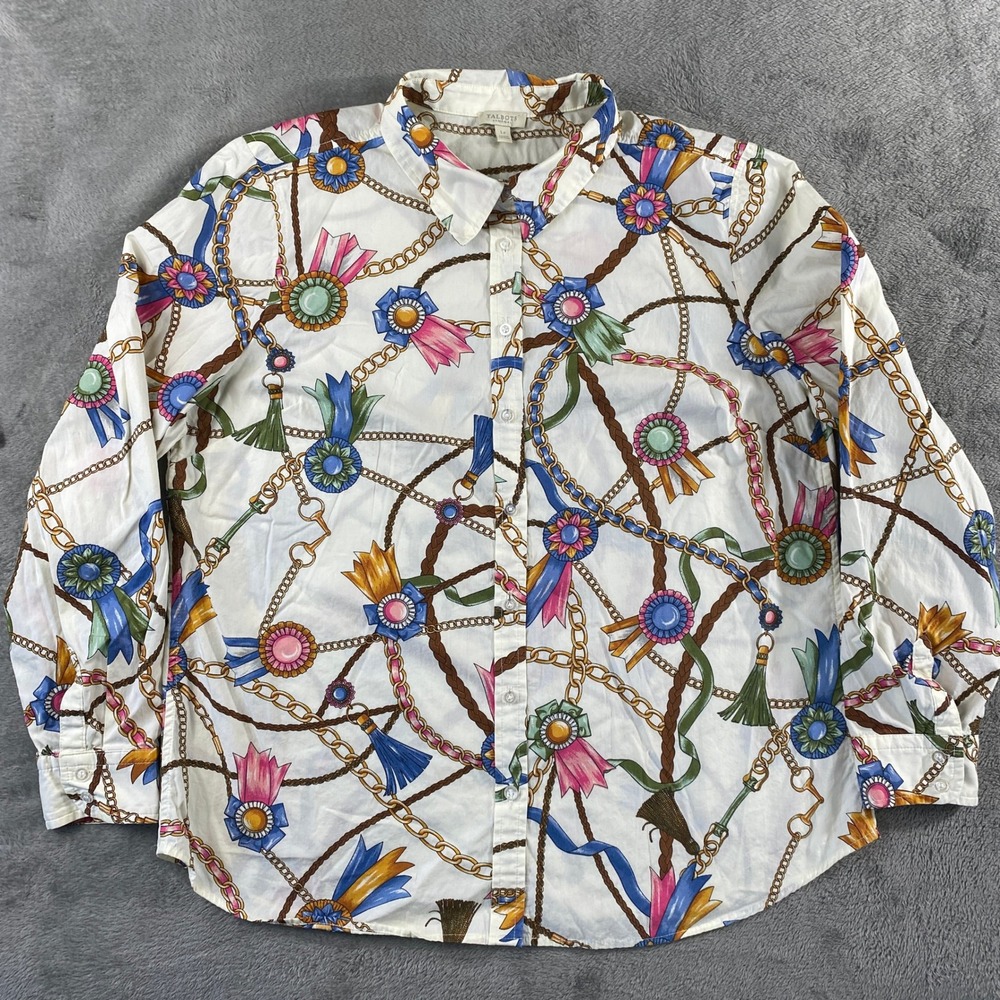 Talbots Button Down Women LP White Equestrian Chain Ribbon Print Cotton Shirt